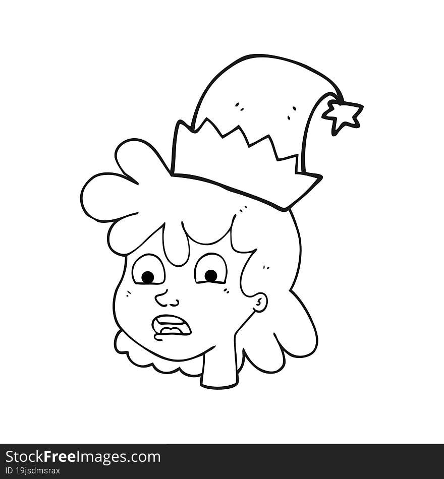 freehand drawn black and white cartoon stressed woman wearing santa hat. freehand drawn black and white cartoon stressed woman wearing santa hat