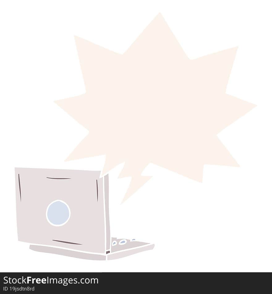 cartoon laptop computer with speech bubble in retro style