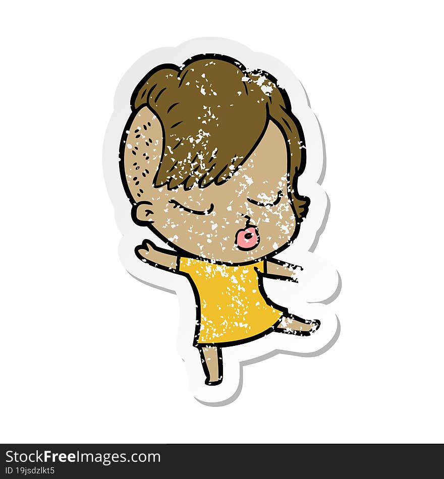 distressed sticker of a cartoon pretty hipster girl