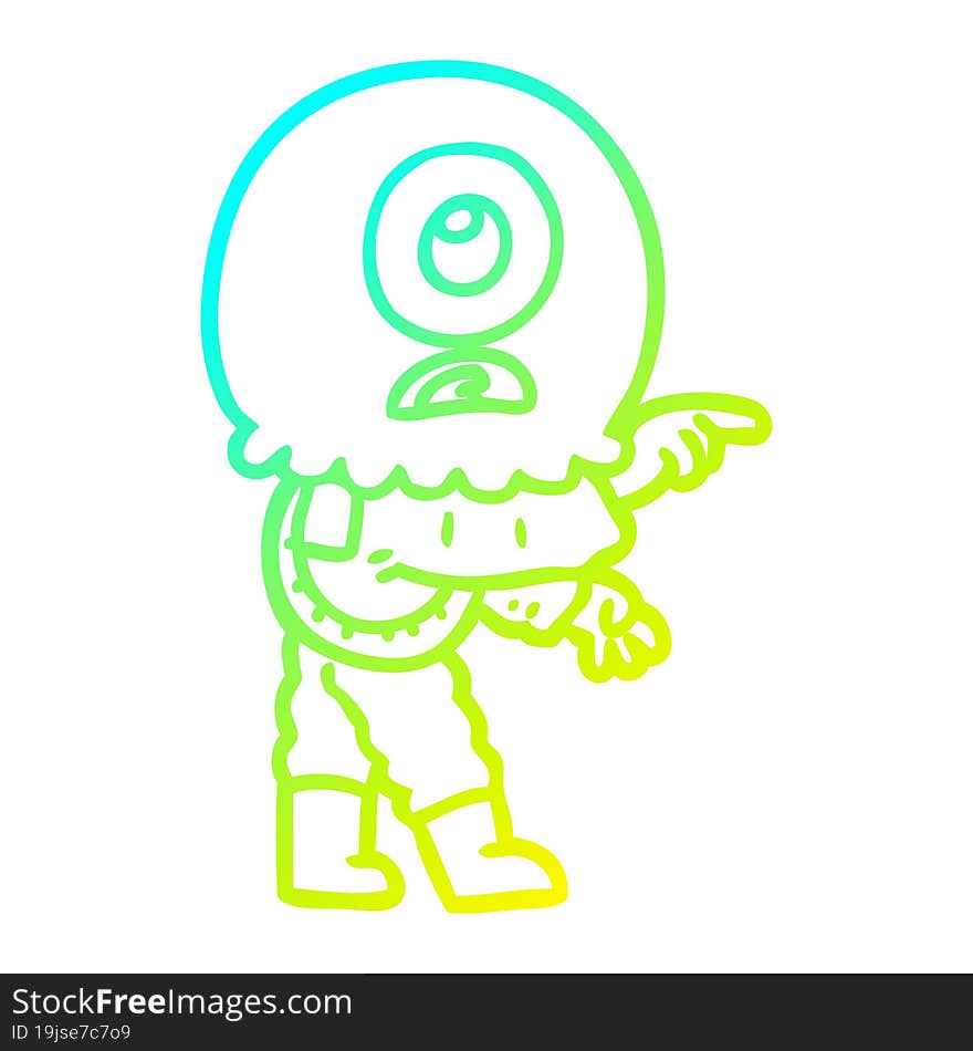 cold gradient line drawing of a cartoon cyclops alien spaceman pointing