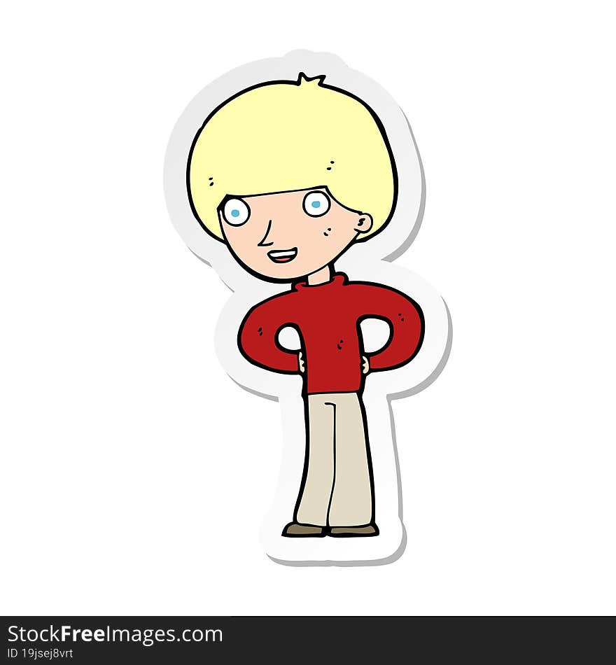 sticker of a cartoon happy boy with hands on hips