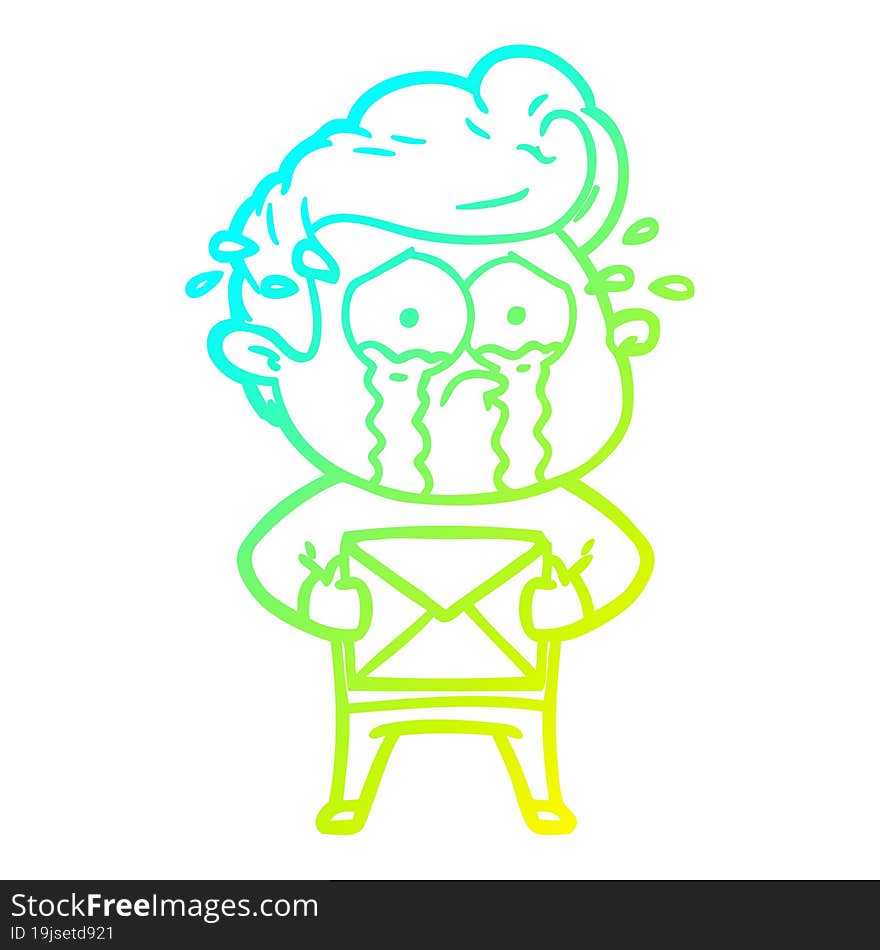 cold gradient line drawing of a cartoon crying man receiving letter