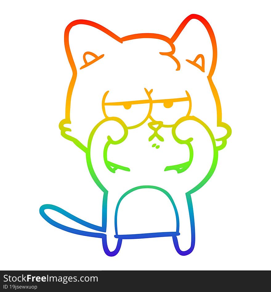 Rainbow Gradient Line Drawing Tired Cartoon Cat Rubbing Eyes