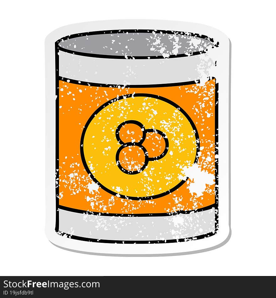 distressed sticker cartoon doodle of a can of peaches