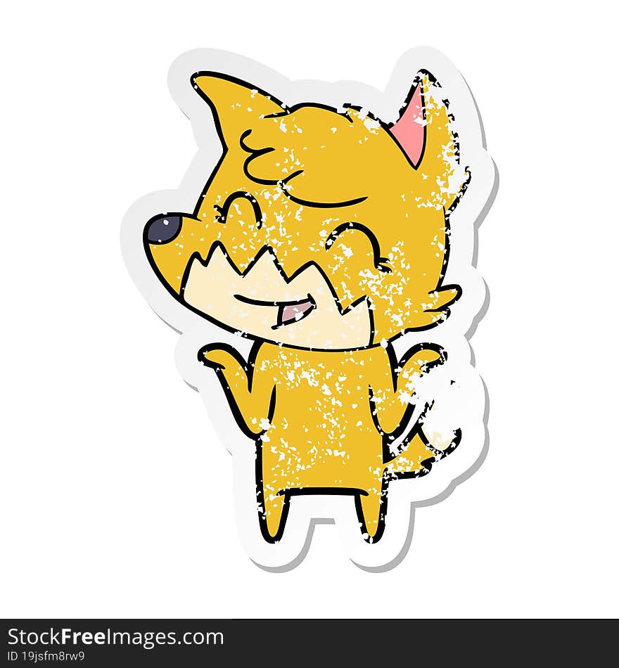 distressed sticker of a happy cartoon fox