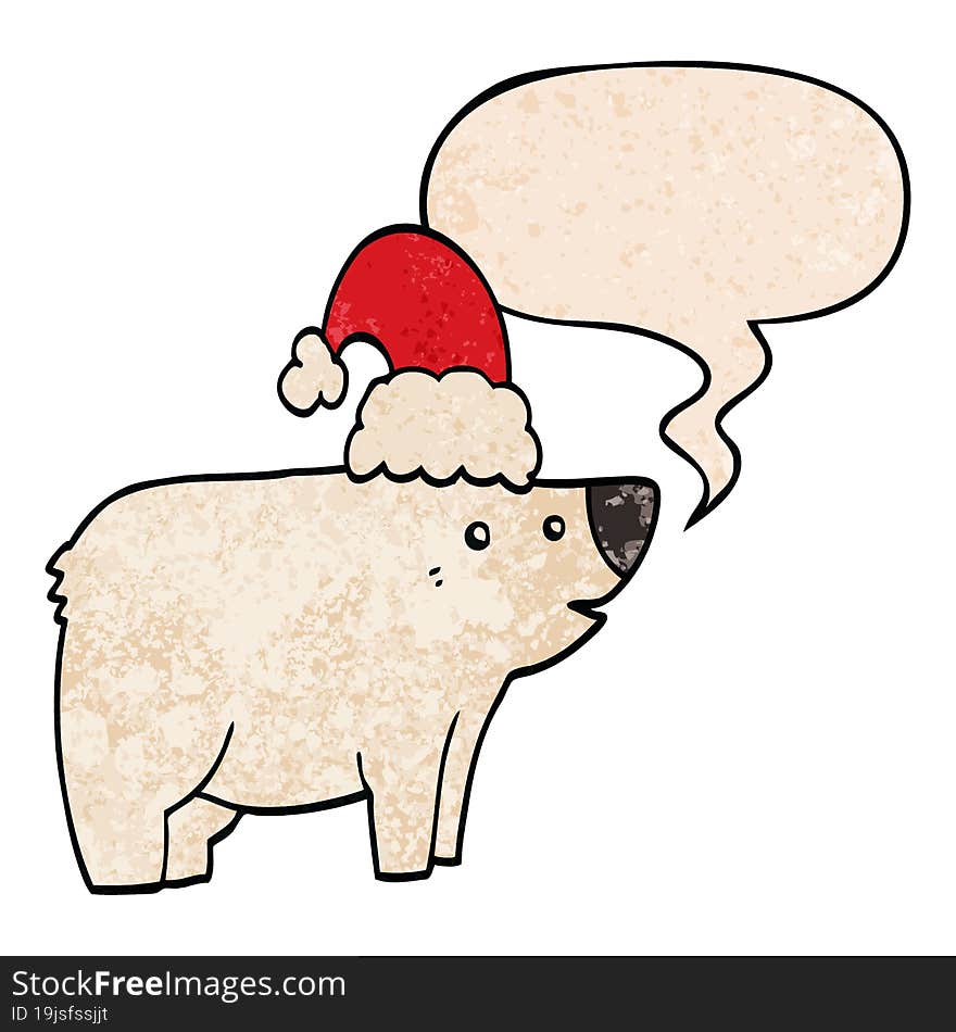 cartoon bear wearing christmas hat and speech bubble in retro texture style