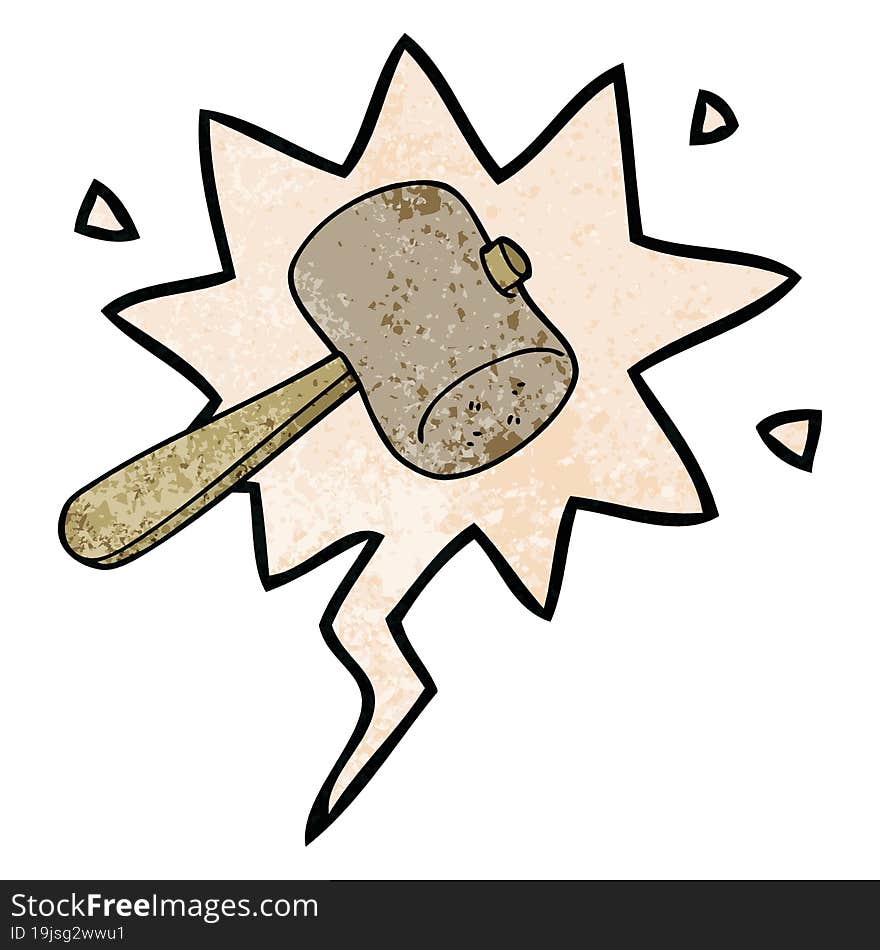 cartoon mallet and speech bubble in retro texture style