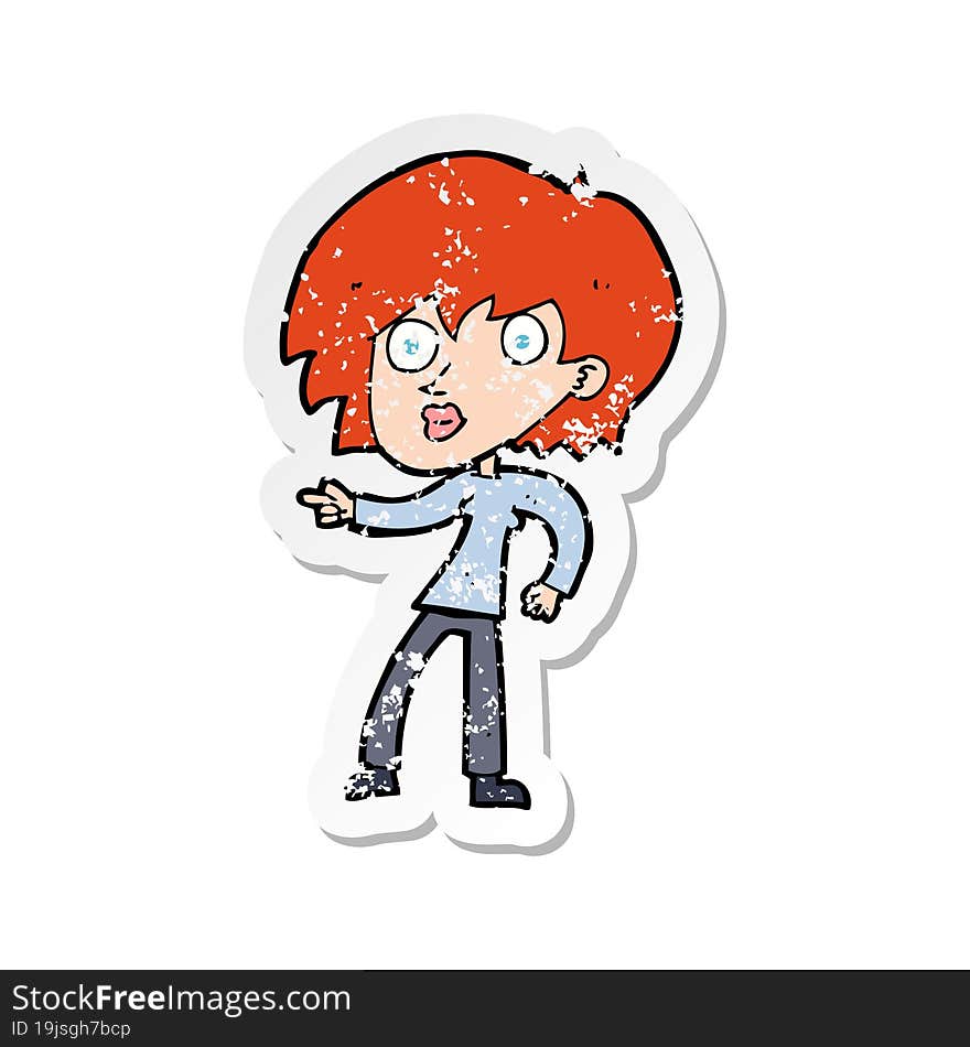 retro distressed sticker of a cartoon surprised woman pointing