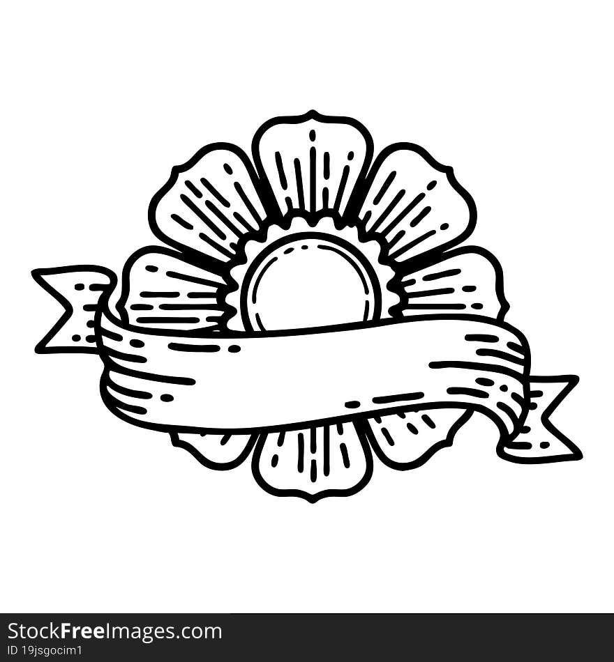 black line tattoo of a flower and banner