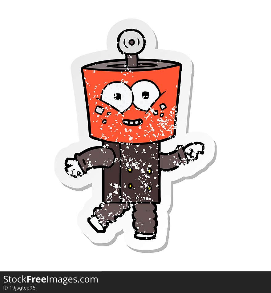 distressed sticker of a happy cartoon robot pointing