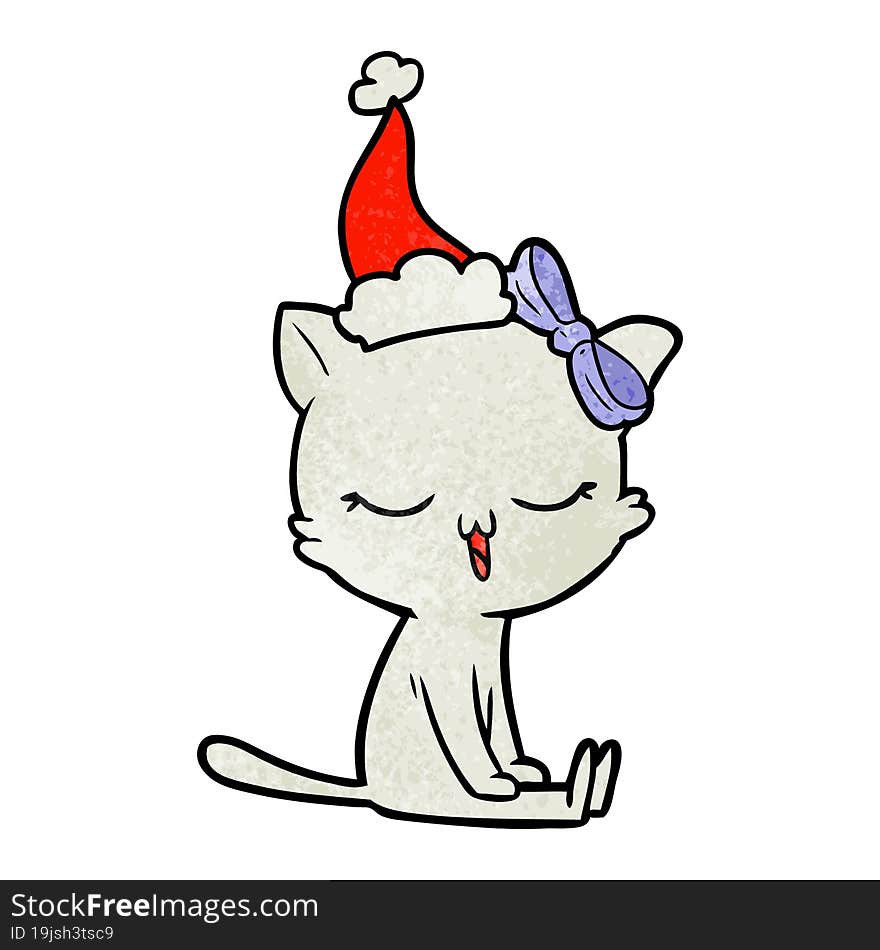 textured cartoon of a cat with bow on head wearing santa hat