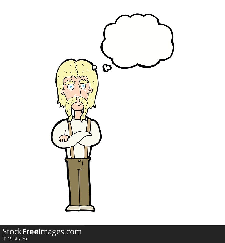 Cartoon Long Mustache Man With Folded Arms With Thought Bubble