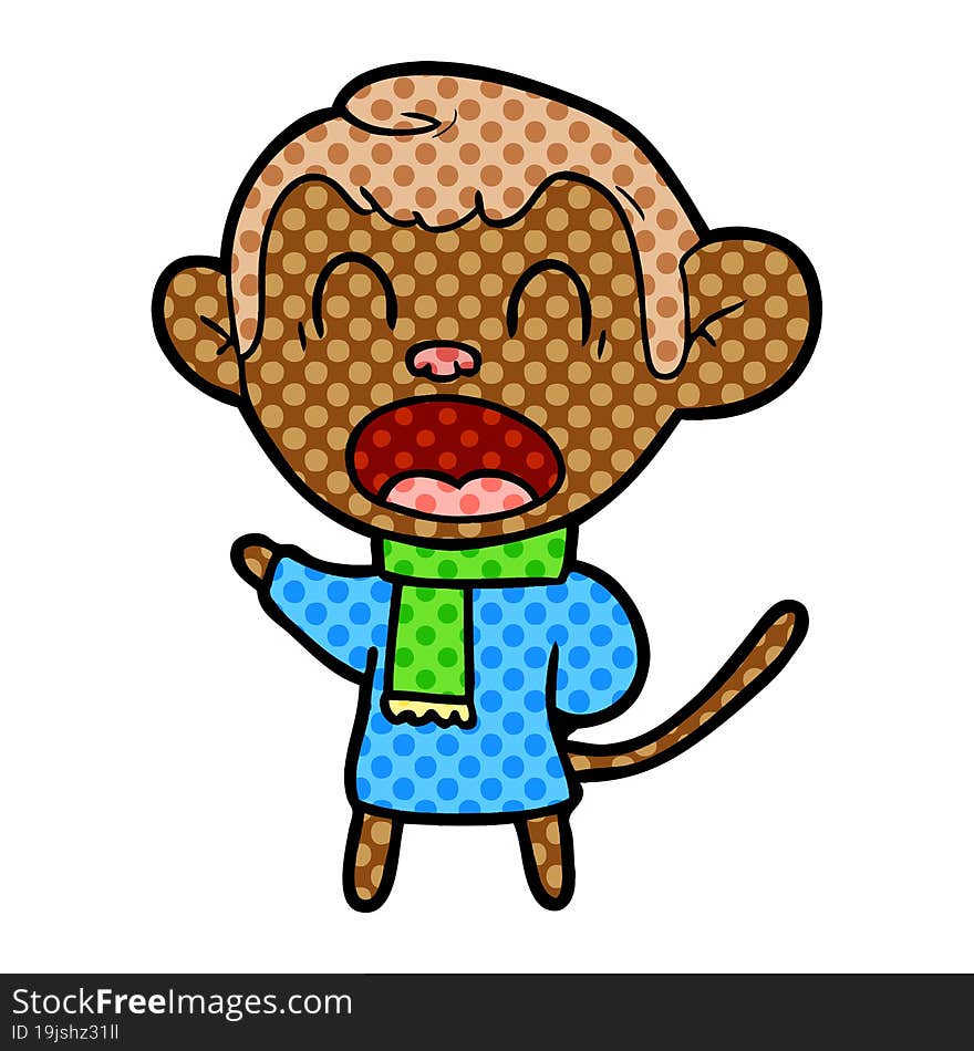 shouting cartoon monkey wearing scarf. shouting cartoon monkey wearing scarf