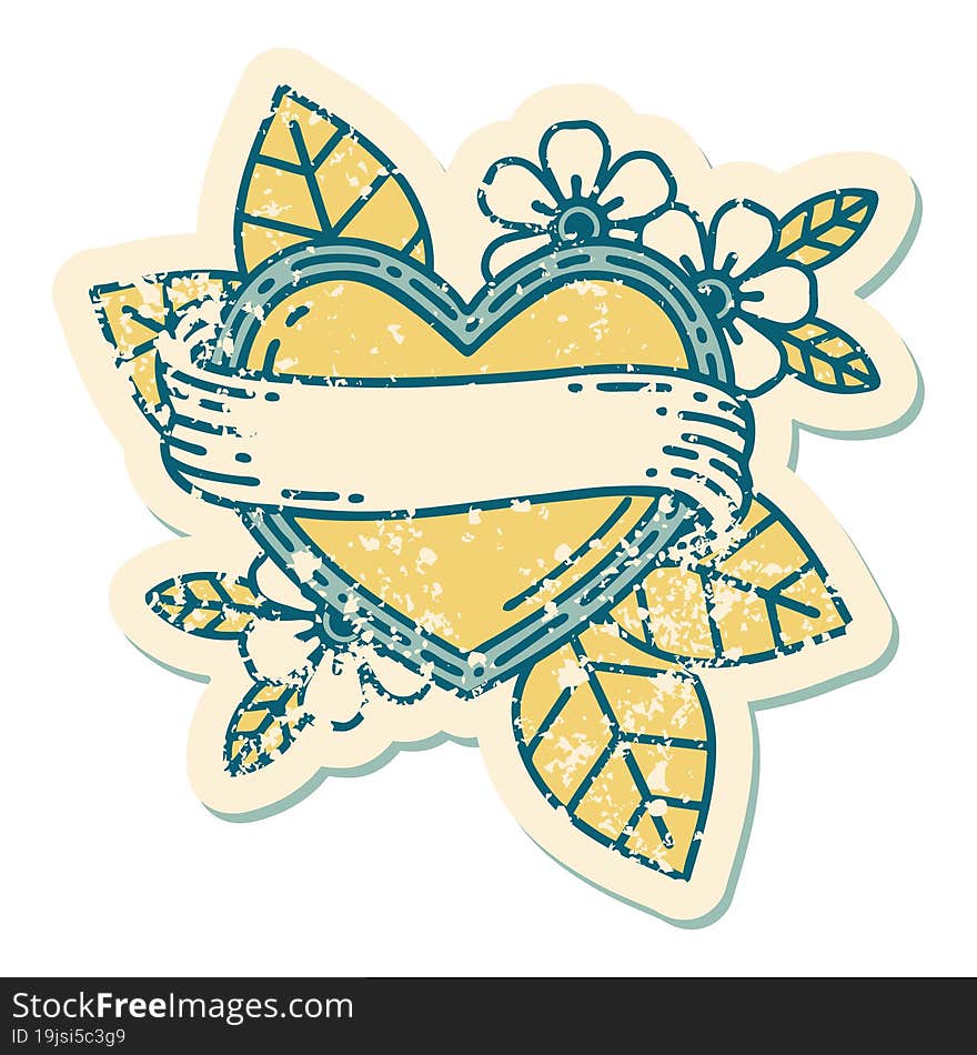 Distressed Sticker Tattoo Style Icon Of A Heart And Banner