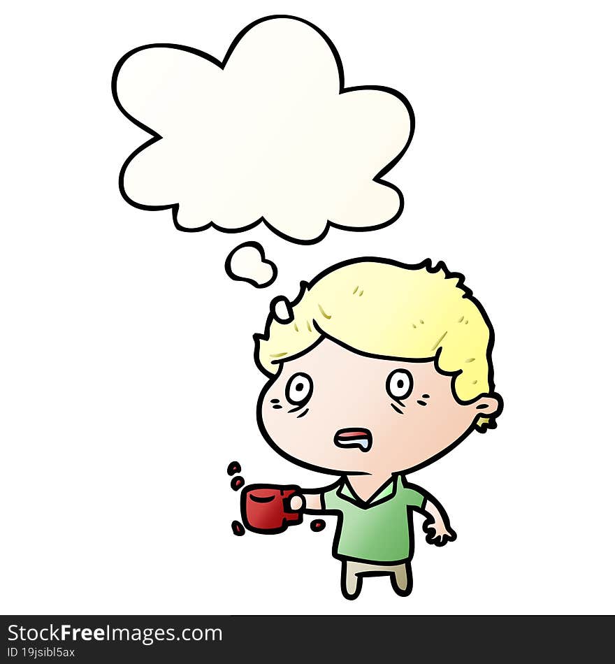 cartoon man with cup of coffee with thought bubble in smooth gradient style