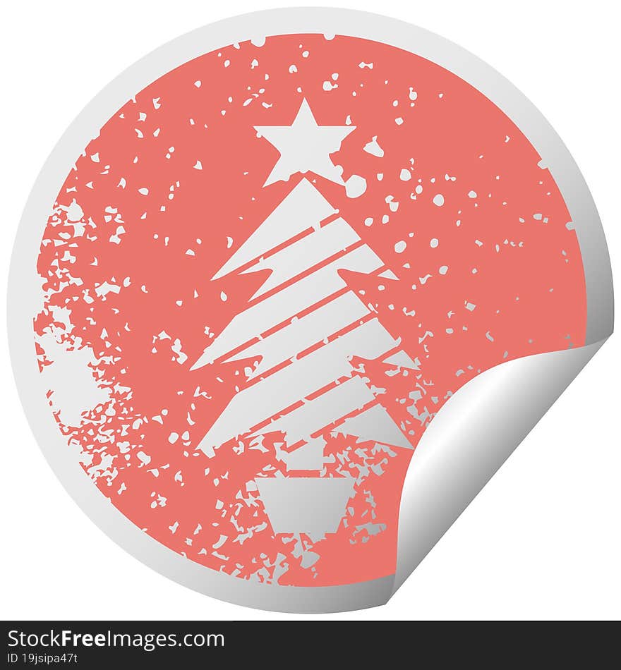 distressed circular peeling sticker symbol of a christmas tree