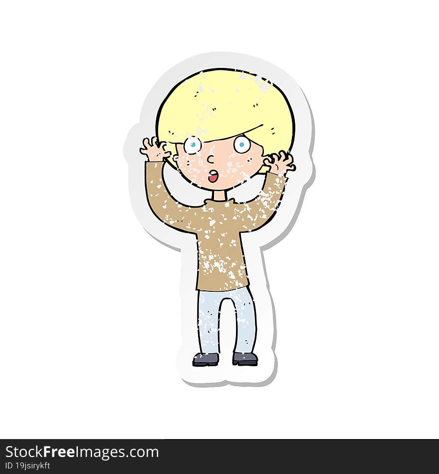 retro distressed sticker of a cartoon startled boy