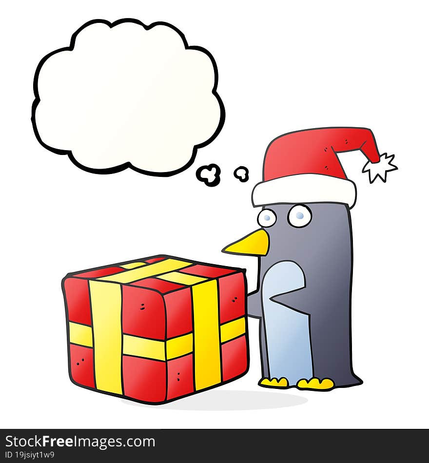 Thought Bubble Cartoon Christmas Penguin With Present