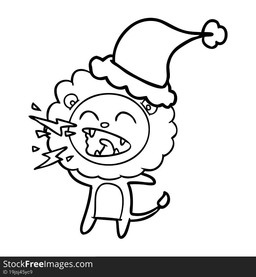 Line Drawing Of A Roaring Lion Wearing Santa Hat