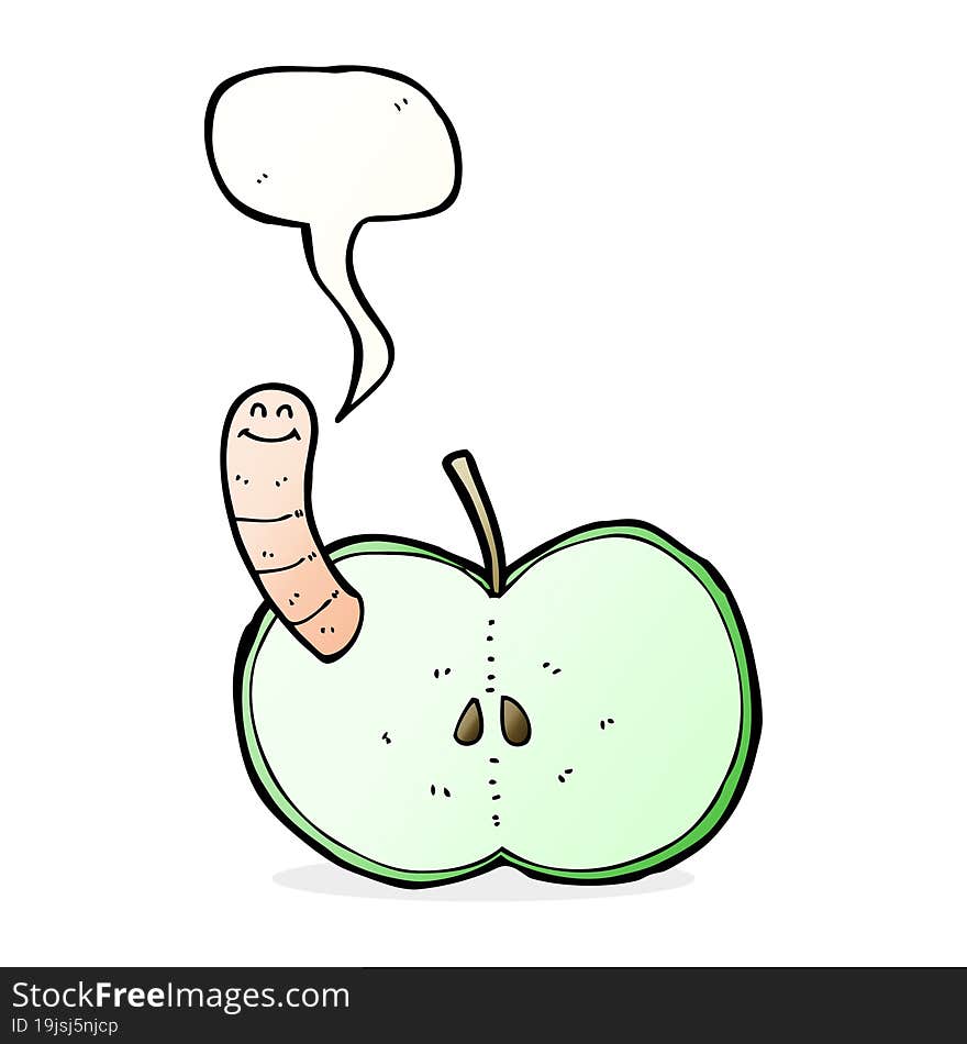 cartoon apple with worm with speech bubble