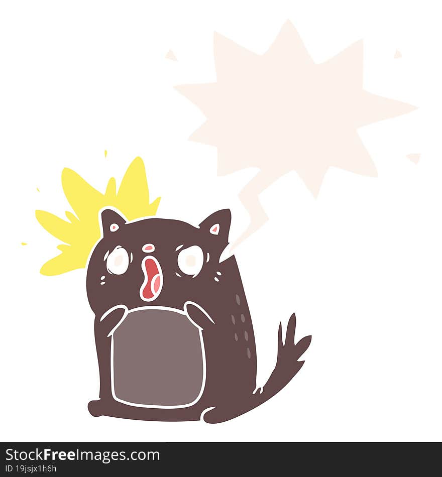 cartoon shocked cat amazed and speech bubble in retro style