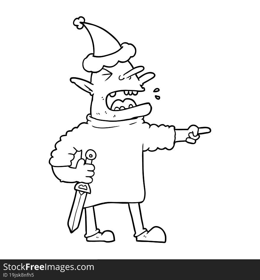 Line Drawing Of A Goblin With Knife Wearing Santa Hat