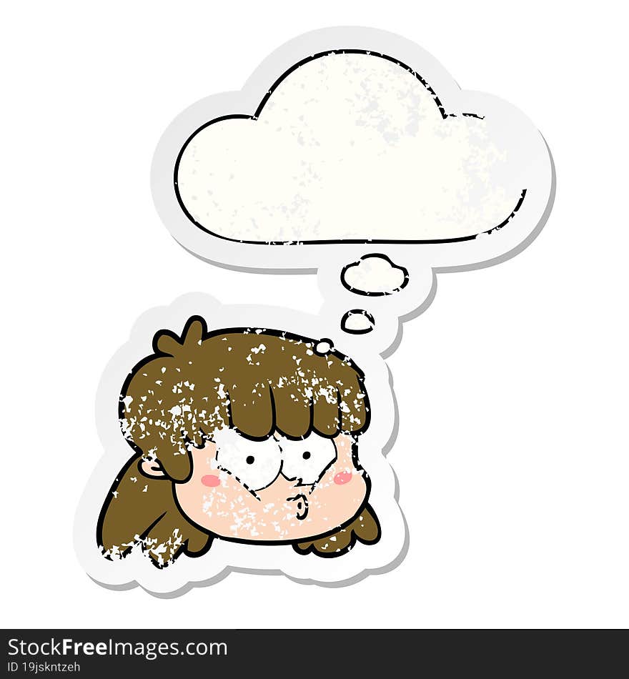 cartoon female face and thought bubble as a distressed worn sticker