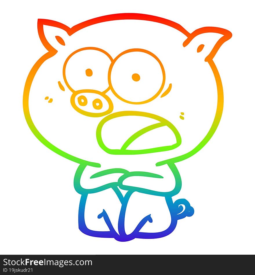 rainbow gradient line drawing of a shocked cartoon pig sitting down