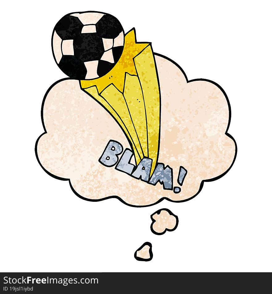 cartoon kicked soccer ball and thought bubble in grunge texture pattern style