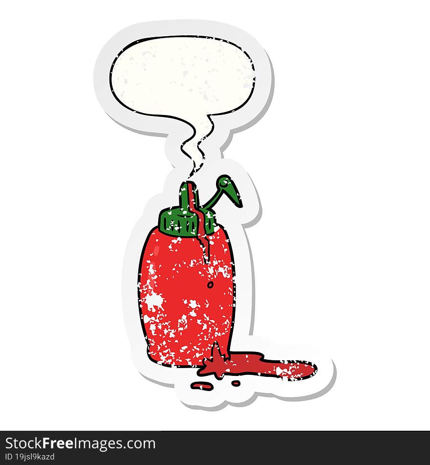 cartoon tomato ketchup bottle and speech bubble distressed sticker