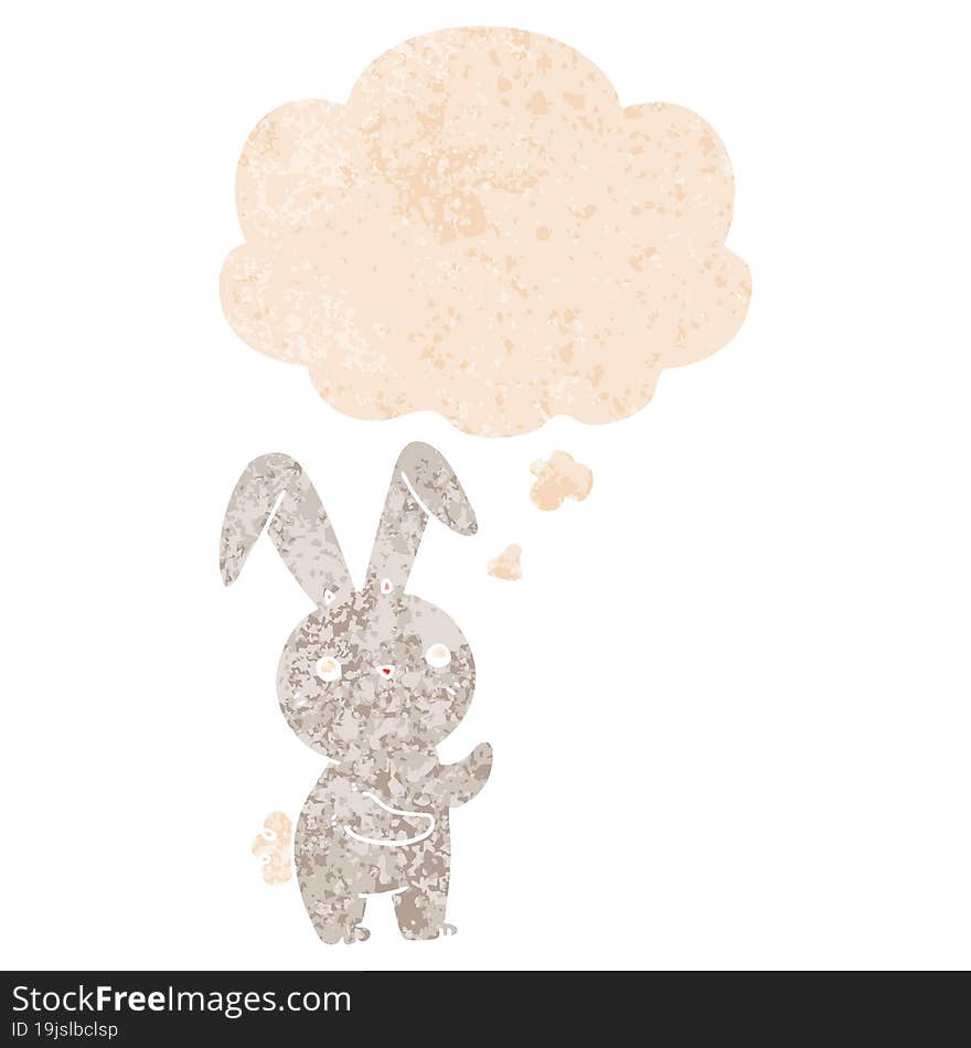 cute cartoon rabbit with thought bubble in grunge distressed retro textured style. cute cartoon rabbit with thought bubble in grunge distressed retro textured style