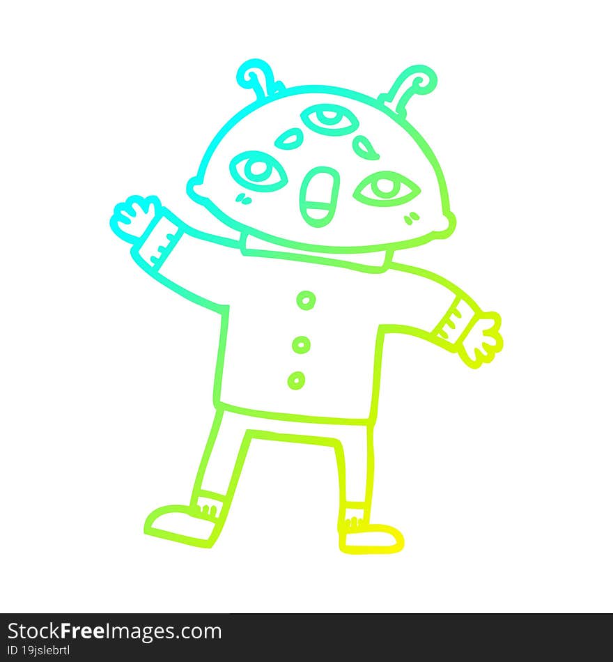 cold gradient line drawing cartoon alien man in sensible clothes