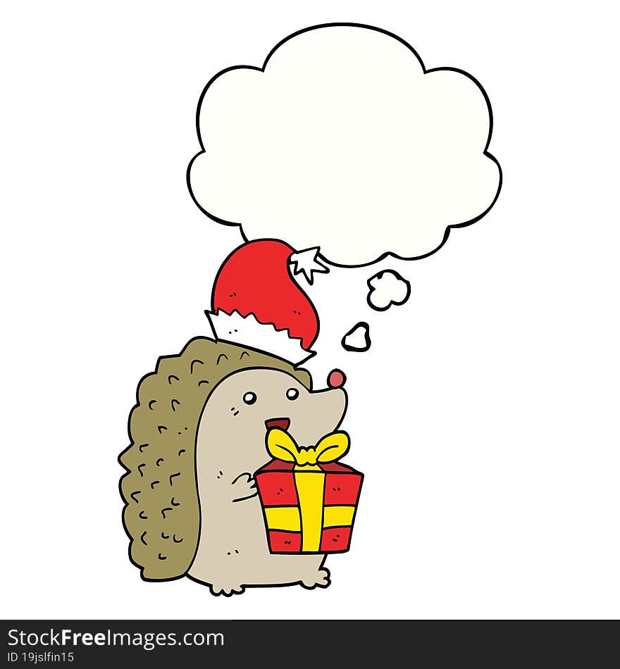 cartoon hedgehog wearing christmas hat and thought bubble