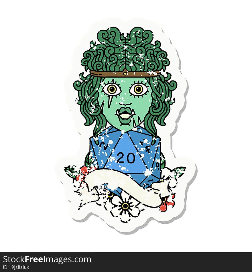 Half Orc Barbarian Character With Natural Twenty Dice Roll Grunge Sticker