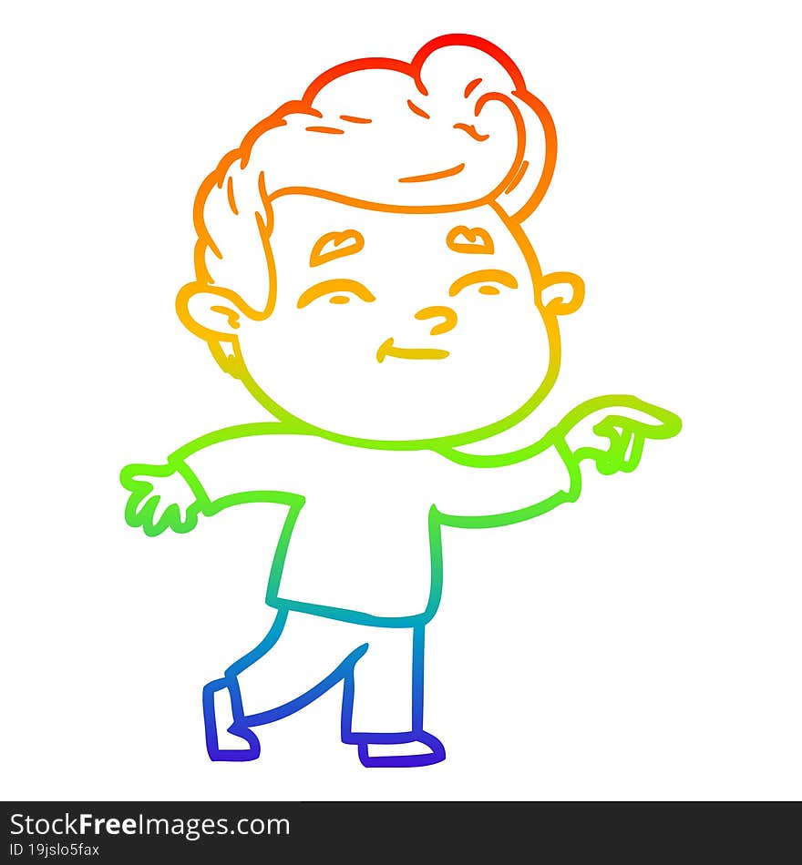 rainbow gradient line drawing of a happy cartoon man pointing