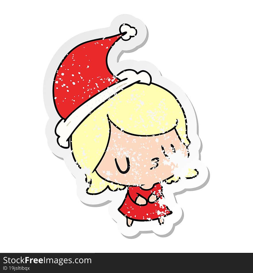 hand drawn christmas distressed sticker cartoon of kawaii girl