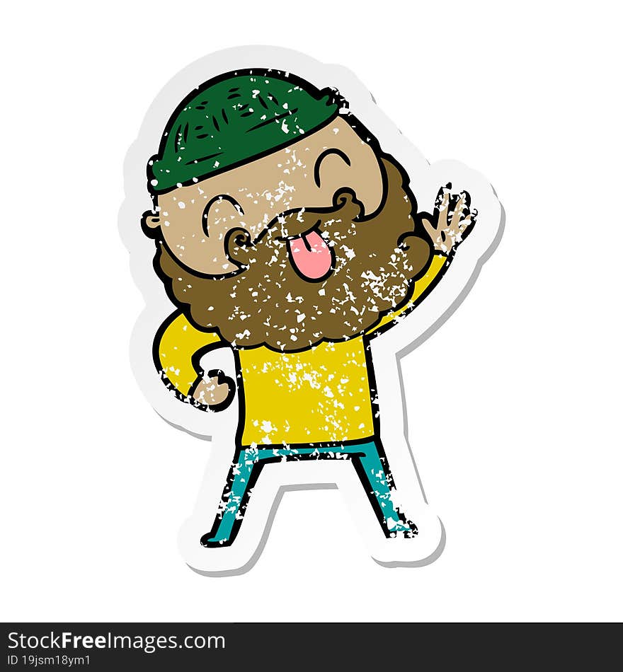 distressed sticker of a man with beard sticking out tongue