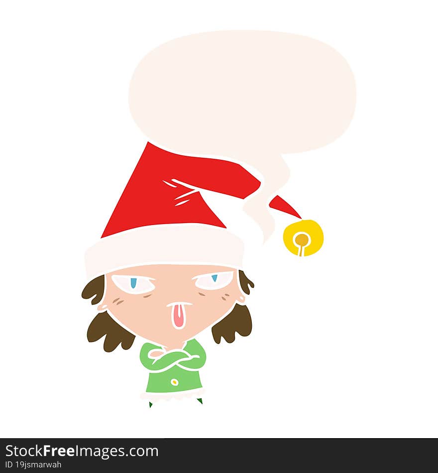 cartoon girl wearing christmas hat with speech bubble in retro style