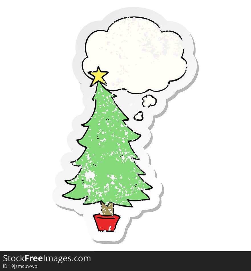 Cartoon Christmas Tree And Thought Bubble As A Distressed Worn Sticker