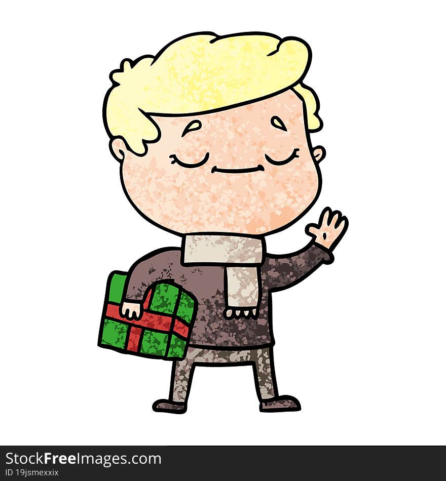 cartoon man carrying christmas present waving. cartoon man carrying christmas present waving