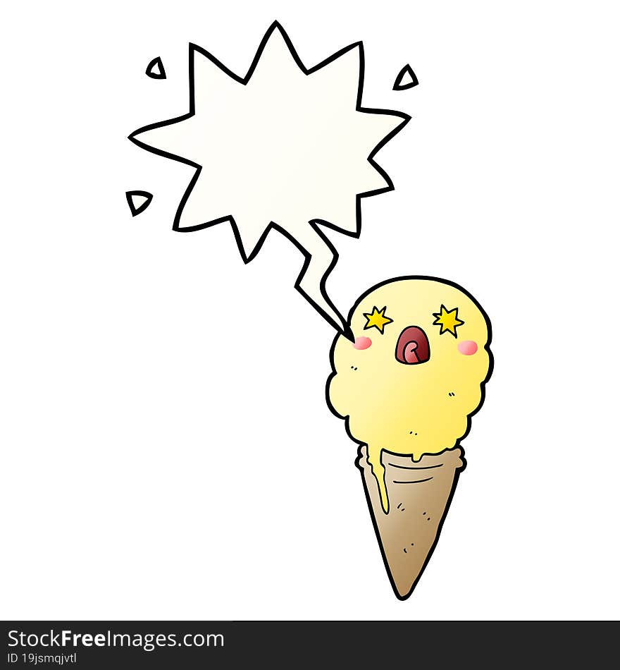 cartoon shocked ice cream and speech bubble in smooth gradient style