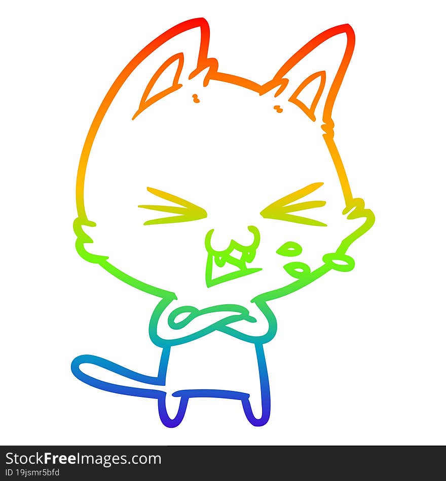 rainbow gradient line drawing of a cartoon cat hissing