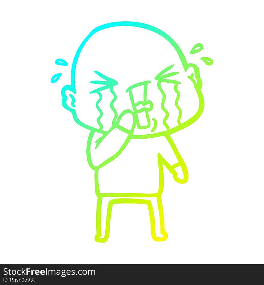 cold gradient line drawing cartoon crying bald man