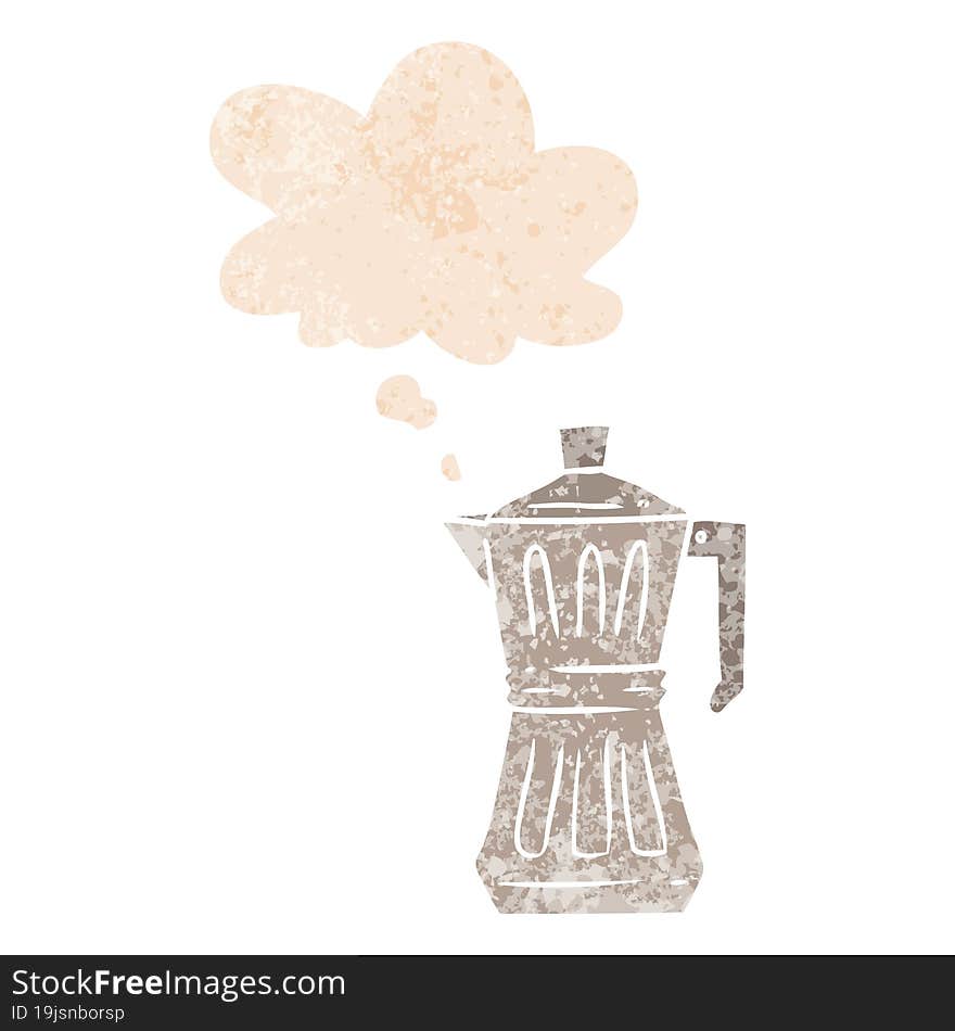 cartoon espresso maker with thought bubble in grunge distressed retro textured style. cartoon espresso maker with thought bubble in grunge distressed retro textured style