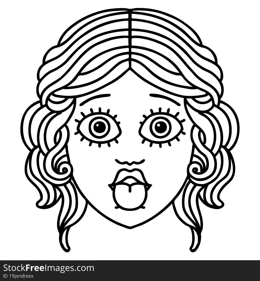 Black Line Tattoo Of Female Face Sticking Out Tongue