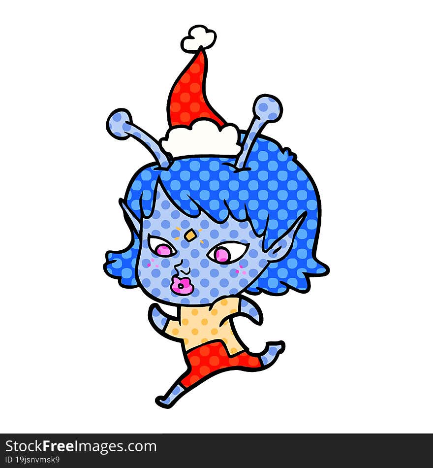 pretty hand drawn comic book style illustration of a alien girl running wearing santa hat