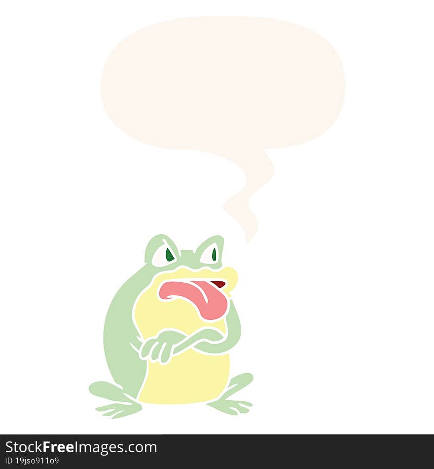 grumpy cartoon frog and speech bubble in retro style