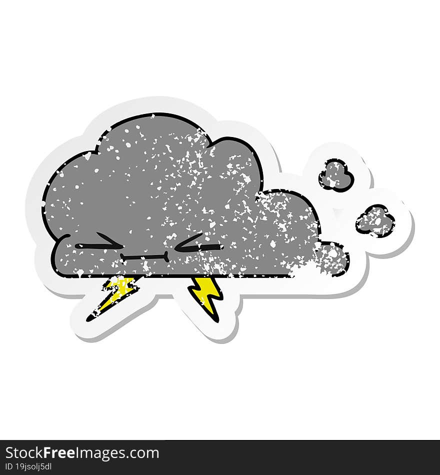 distressed sticker cartoon of a grumpy lightening cloud