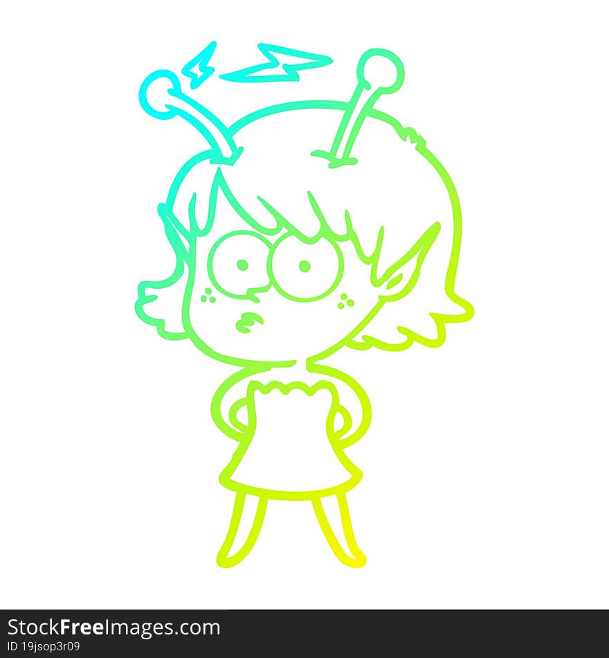 cold gradient line drawing of a cartoon alien girl