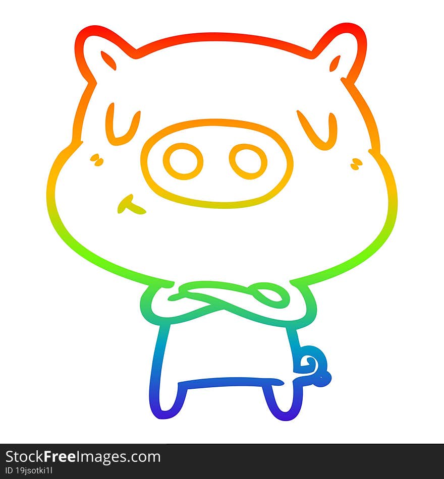 rainbow gradient line drawing of a cartoon content pig